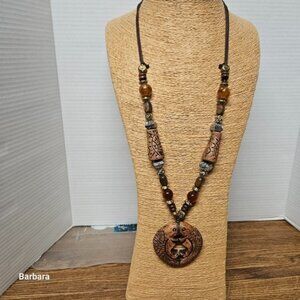 Vintage Wood Carved Pisces Double Fish Beaded Necklace